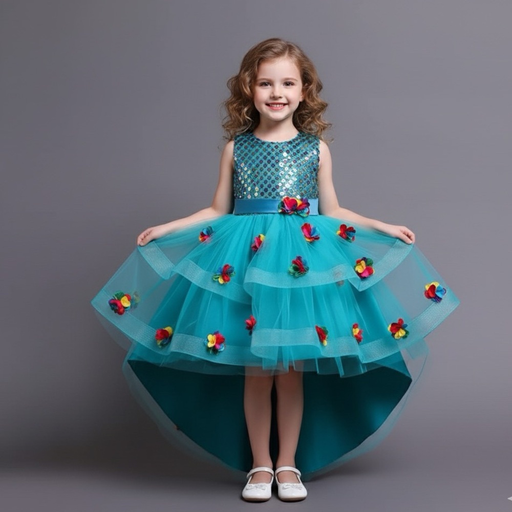 Girls Baby Blue Dress with 3D flowers size 3T